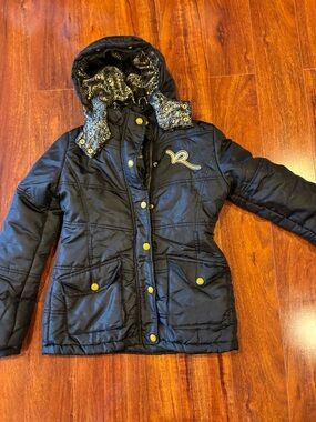 Rocawear Black Quilted Puffer Jacket with Gold Accent Buttons